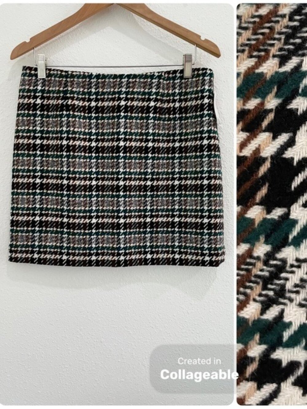 H&M Houndstooth Plaid Mini Skirt Lined Academia Office Fall Preppy Green White